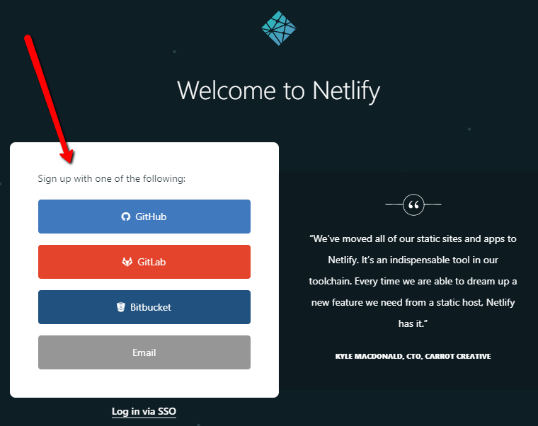 Choisissez l'option Email pour son compte Netlify